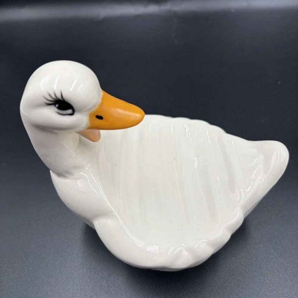 Vintage MCM Ceramic Duck Goose Soap Dish Cottage Core White Yellow